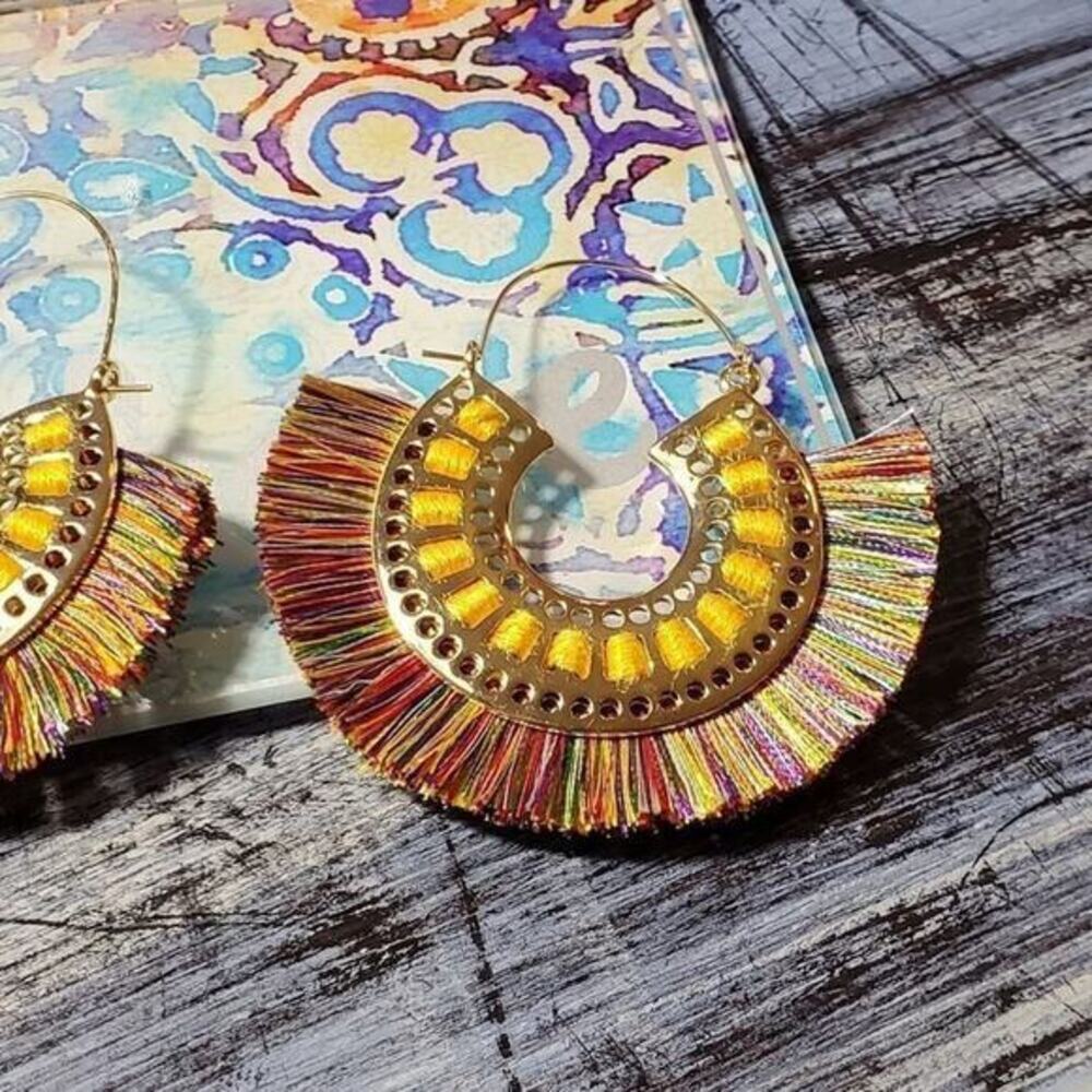 𝅺Anthropologie‎ boho hoop fringe tasseled earrings - Picture 3 of 5